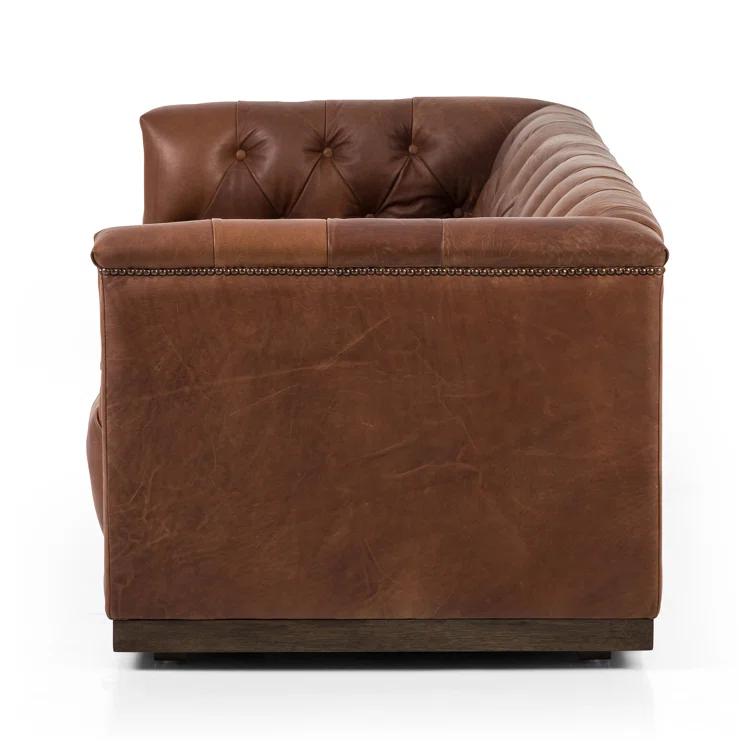 Warm Brown Tufted Leather Sofa with Nailhead Trim