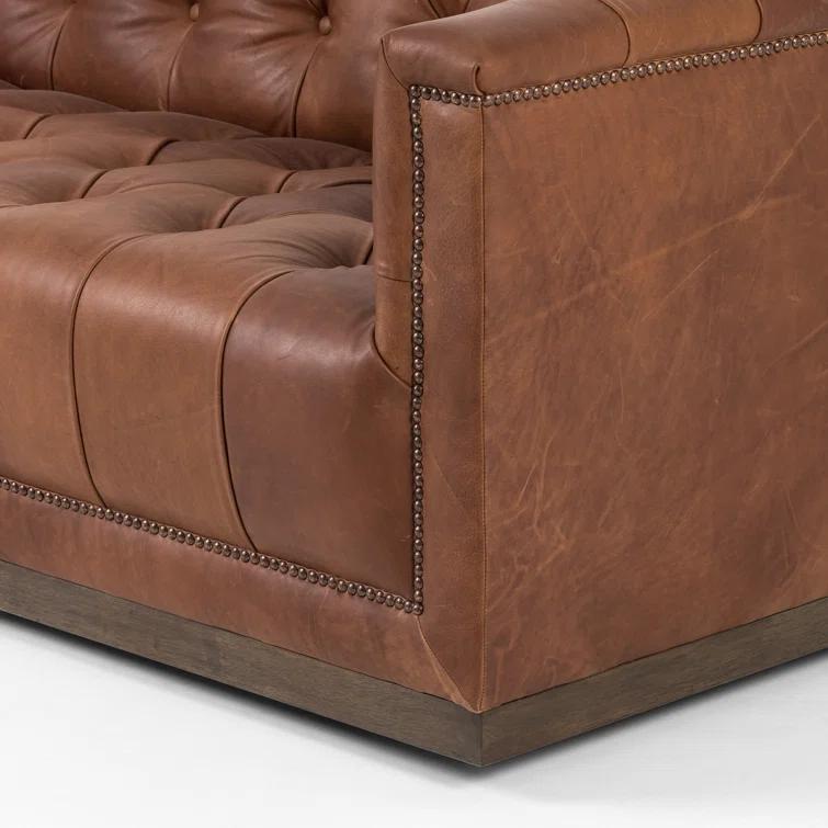Warm Brown Tufted Leather Sofa with Nailhead Trim