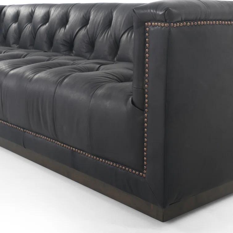 Heirloom Black Tufted Leather Sofa with Nailhead Trim