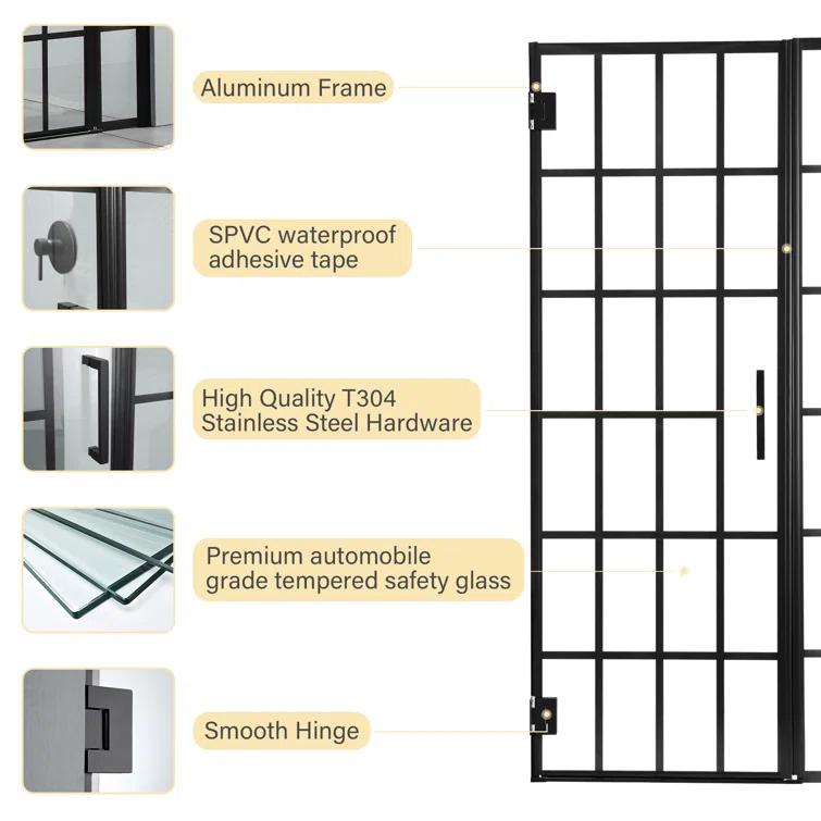 40" W x 72" H Wall Hinged Frameless Shower Door with Pattern Tempered Glass