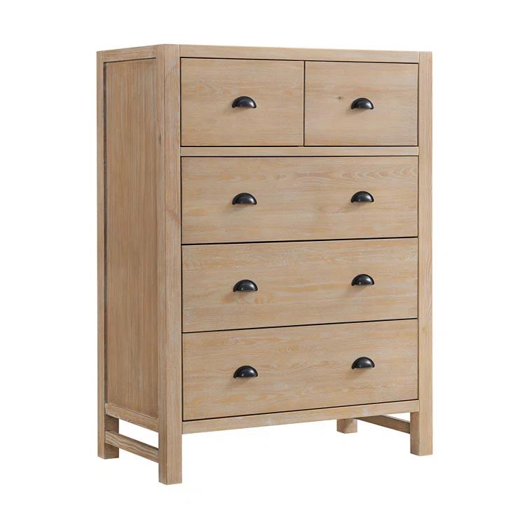 Arden 5-Piece Bedroom Set - Queen Bed, Two 2-Drawer Nightstands, 5-Drawer Chest, 6-Drawer Double Dresser, Solid Pine Wood, Light Driftwood Finish, Modern Rustic Style