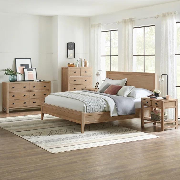 Arden 5-Piece King Bedroom Furniture Set w/ King-Sized Bed, 2x 2-Drawer Nightstands, 5-Drawer Chest & 6-Drawer Double Dresser, Solid Wood Set, Metal Bar Handles & Elegant Light Driftwood Finish