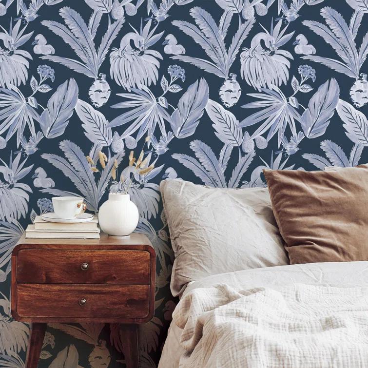 Tempaper & Co.® x She She Flamingo Salinas Removable Peel and Stick Wallpaper, Sea, 28 sq ft: Vinyl, Self-Adhesive, Botanical Pattern