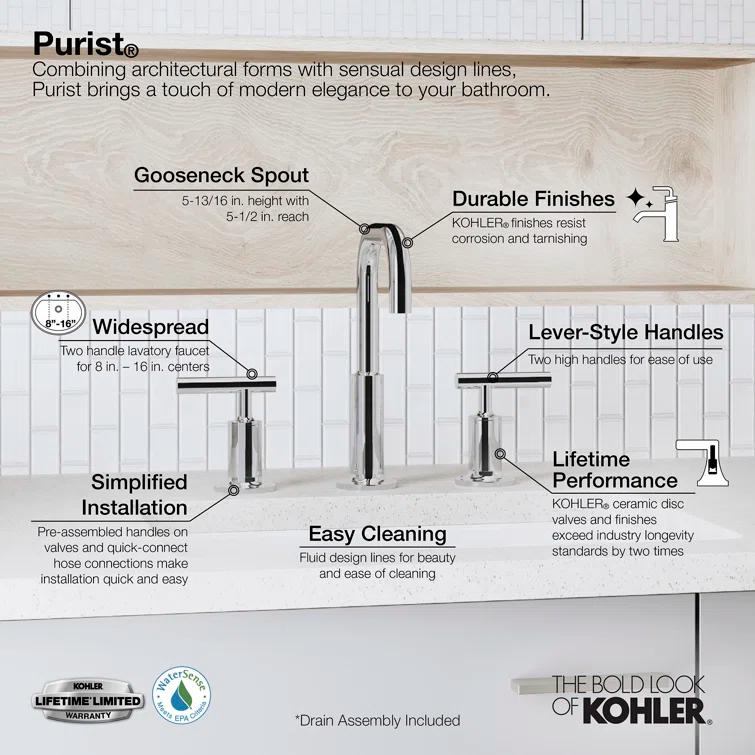 Purist® Widespread Faucet with Drain Assembly Low Lever Handles and Low Gooseneck Spout