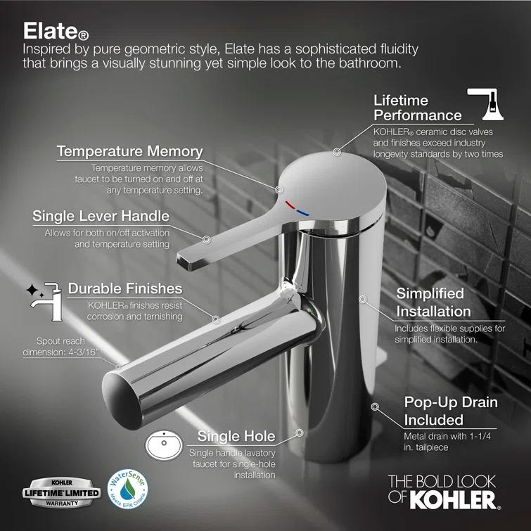 Kohler Elate Single-Handle Bathroom Faucet with Pop-Up Drain Assembly, One Hole Bathroom Sink Faucet, 1.2 gpm