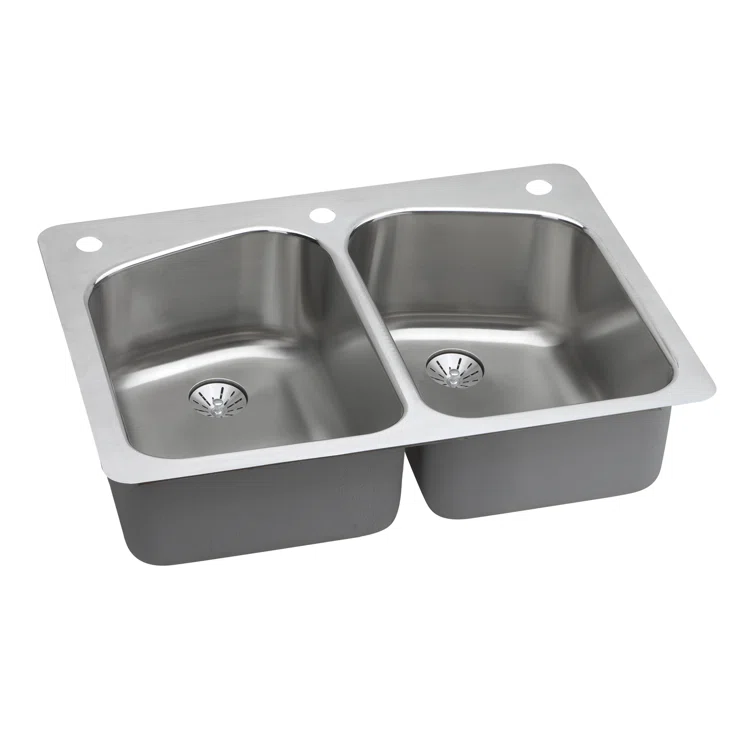 Elkay Lustertone 33" L x 22" W Double Basin Dual Mount Kitchen Sink with Drain Assembly LKHSR33229PD2R