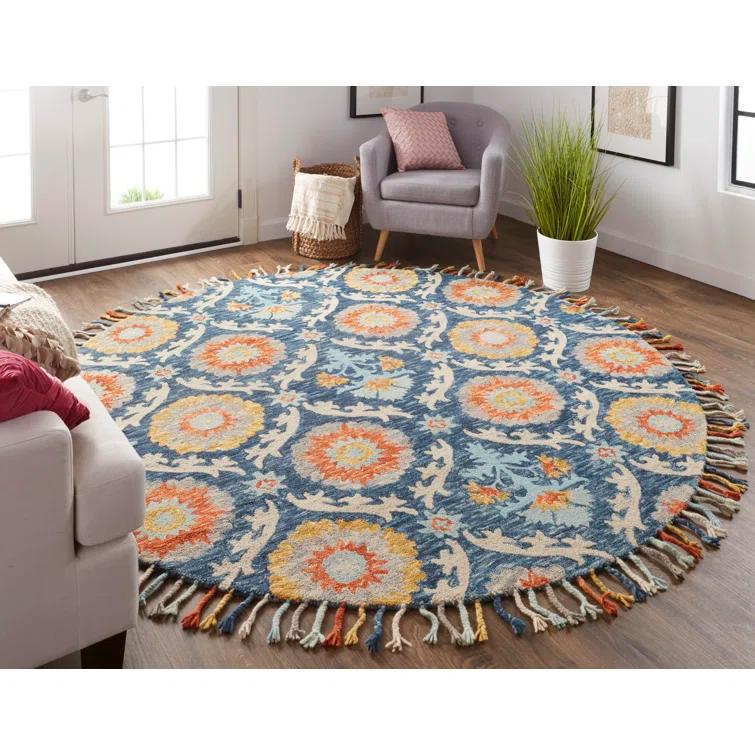 Nomadic Suzani-Inspired Hand Tufted Wool Round Rug in Ocean Blue