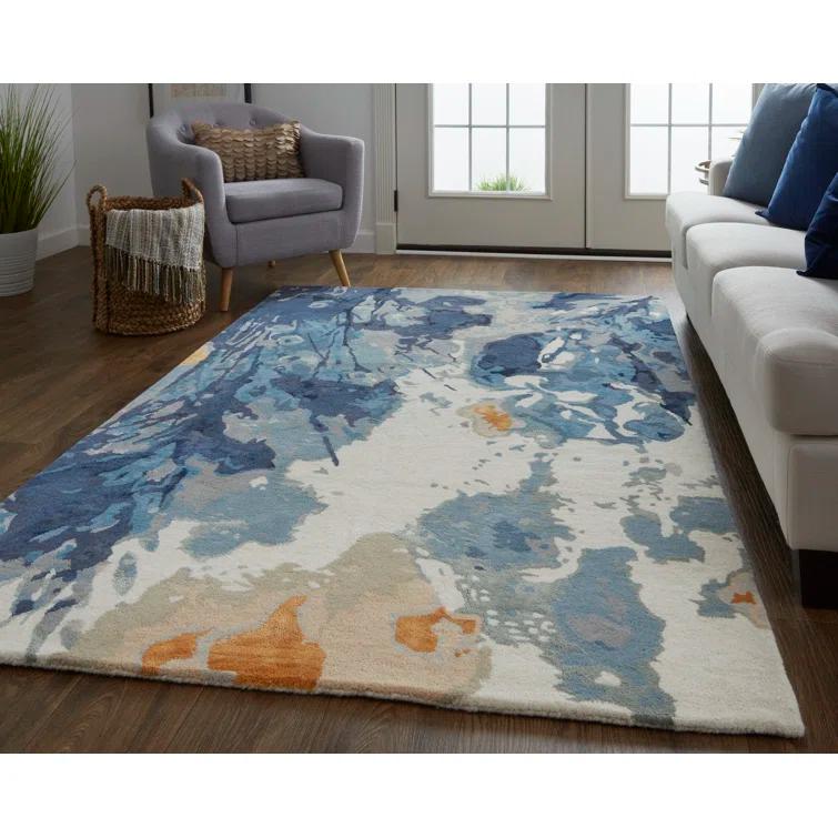 Cerelia Blue and Yellow Floral Wool 5' x 8' Area Rug