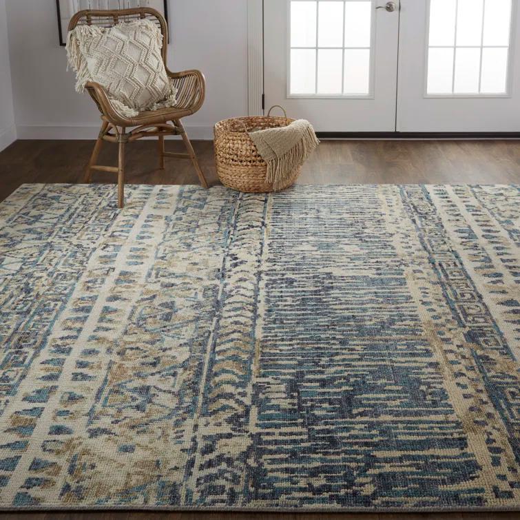 Ivory and Denim Blue Hand-Knotted Wool Abstract Rug