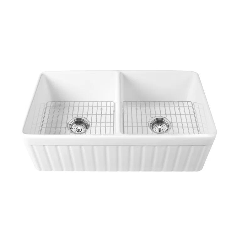 Nova 33" L x 18" W Double Bowl Fireclay Farmhouse Kitchen Sink with Sink Grid and Basket Strainer
