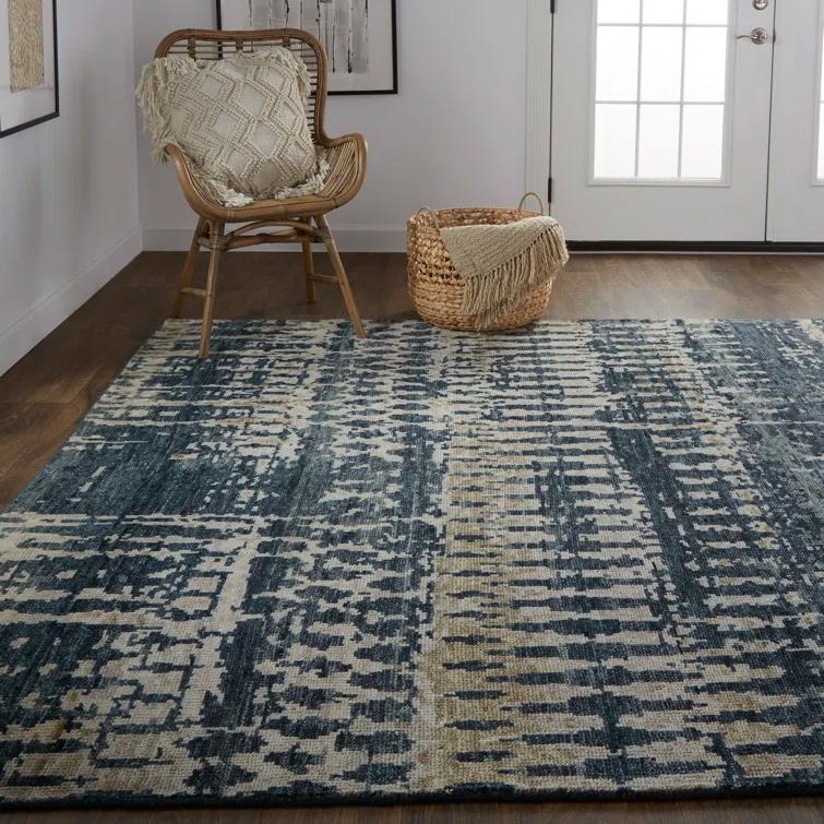 Handmade Blue and Beige Wool Rectangular Area Rug