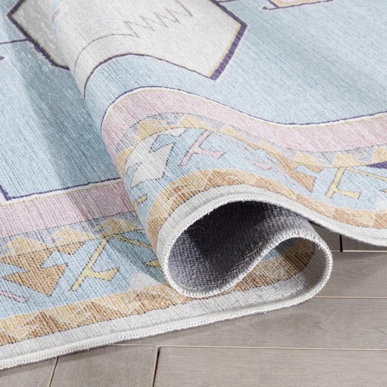 Apollo Well Woven Kids Rugs Ethnic Soft Medallion Modern Pink Light Blue Area Rug