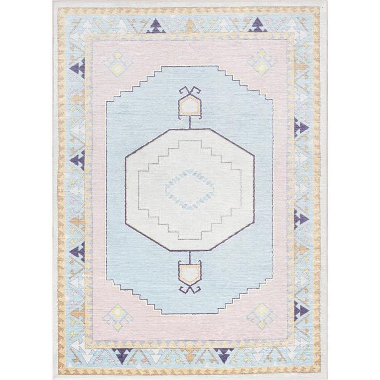 Apollo Well Woven Kids Rugs Ethnic Soft Medallion Modern Pink Light Blue Area Rug