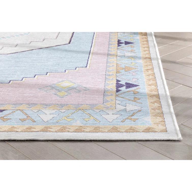 Apollo Well Woven Kids Rugs Ethnic Soft Medallion Modern Pink Light Blue Area Rug