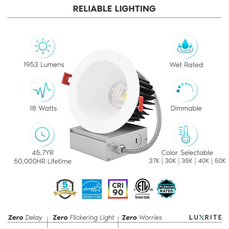 4" Regressed Selectable CCT New Construction LED Canless Recessed Lighting Kit