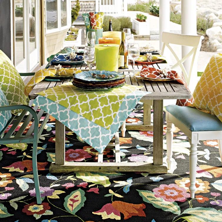 Samantha Floral Hand Hooked Black/Orange/Pink Area Rug