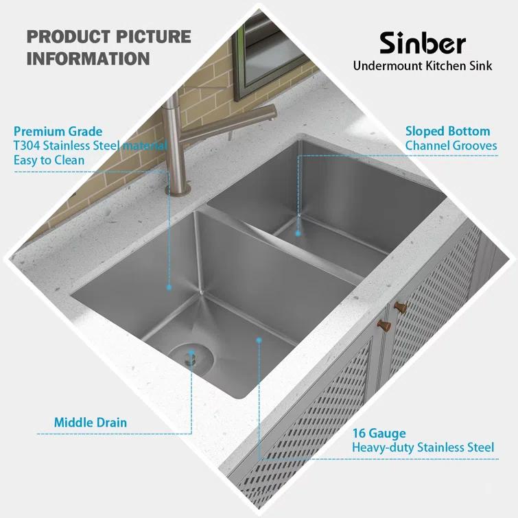 Sinber HU3219D-S-16W Sinber 32" x 19" Undermount Double Bowl Kitchen Sink with 16 Gauge 304 Stainless Steel Satin Finish