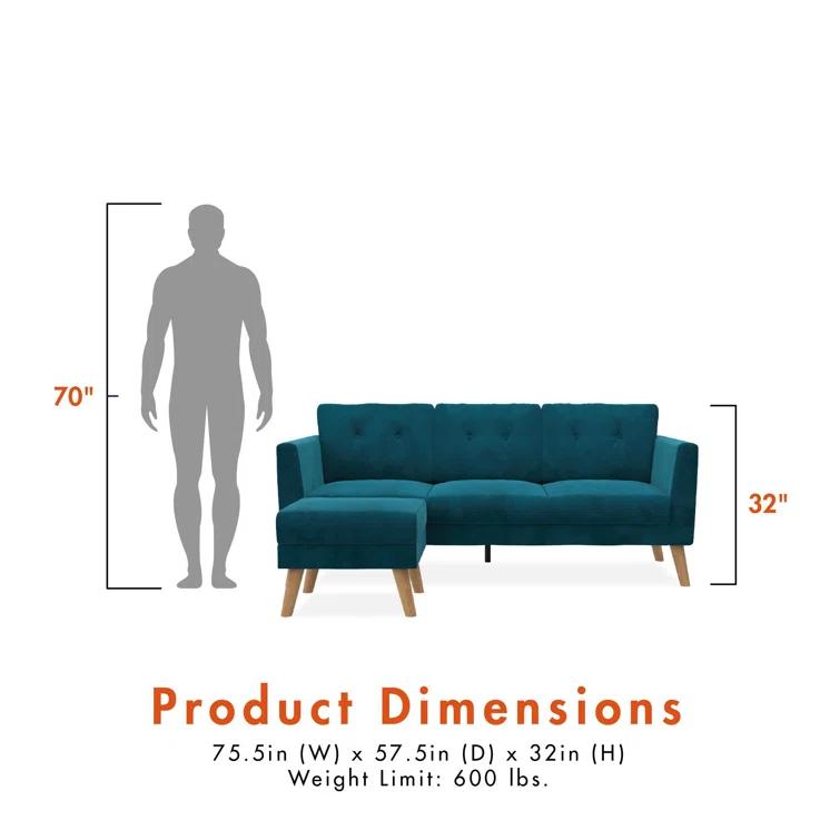 Gloria 75.5'' Wide Velvet Reversible Sofa & Chaise with Ottoman