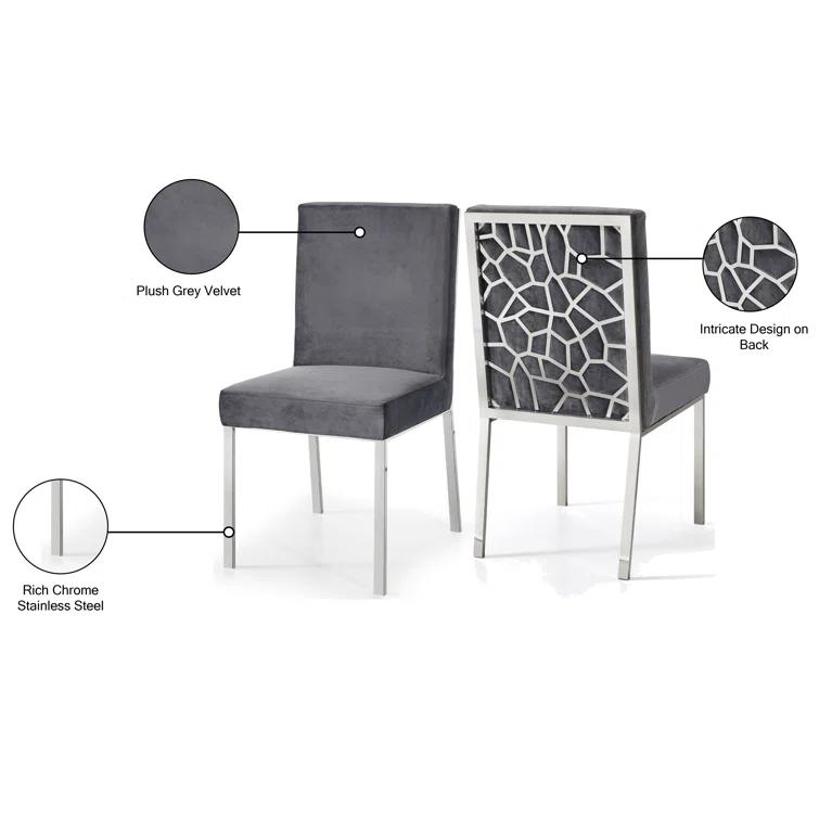 Meridian Furniture Opal Collection Modern | Contemporary Velvet Upholstered Dining Chair with Sturdy Metal Legs and Metallic Geometric Design, Set of 2, Black, 20" W x 24" D x 39.5" H