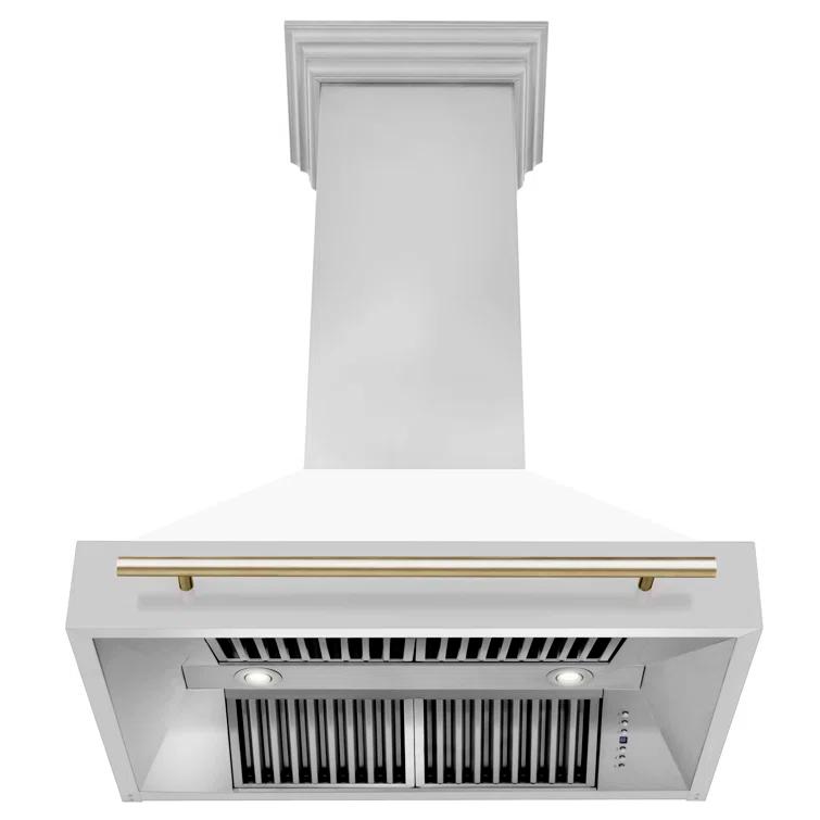 ZLINE Autograph Edition 36 in. Stainless Steel Range Hood W/ White Matte Shell & Champagne Bronze Handle