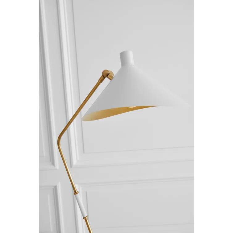Adjustable White and Antique Brass Mid-Century Modern Floor Lamp