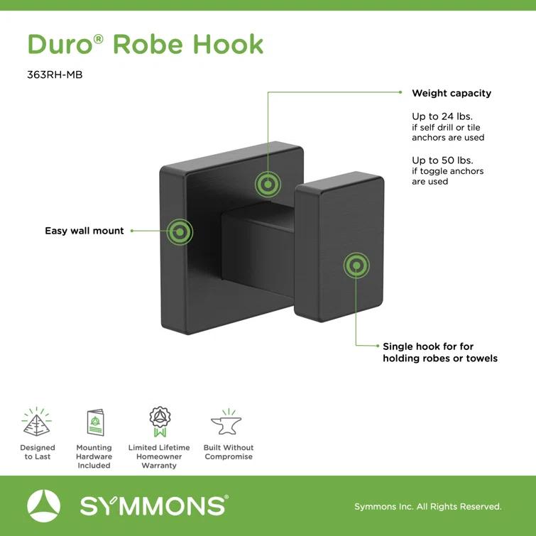 Duro Wall Mounted Robe Hook with Installation Hardware