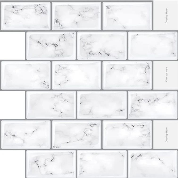 12" x 12" Vinyl Backsplash White Marble Peel & Stick Subway Tile