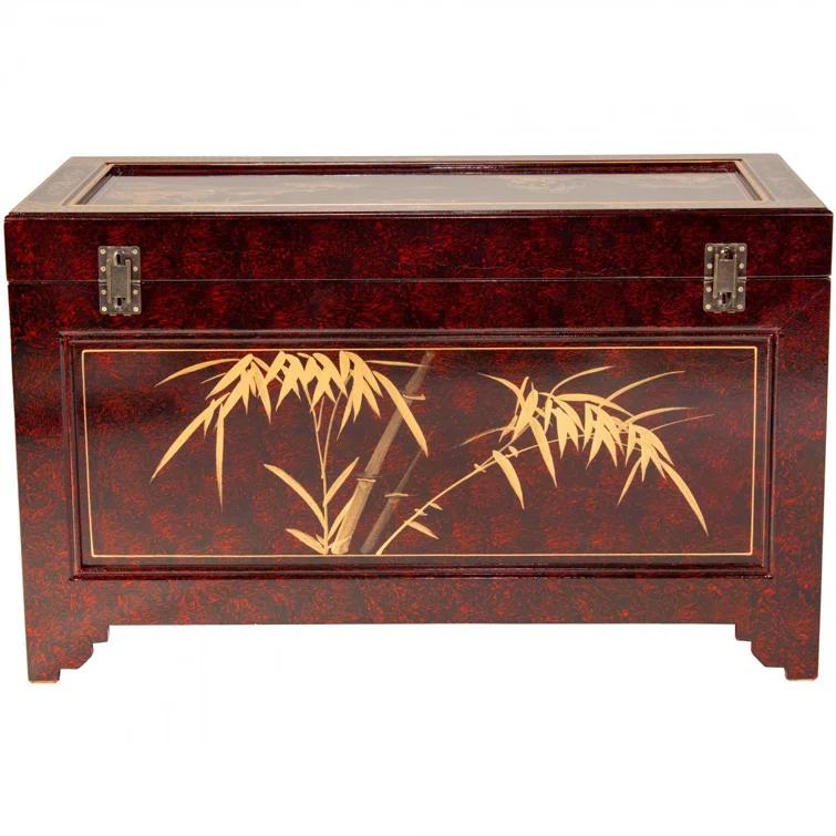 Oriental Furniture Red Lacquer Trunk - Landscape