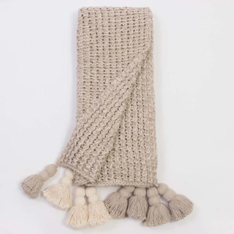 Beige Cotton Knitted Throw Blanket with Tassels