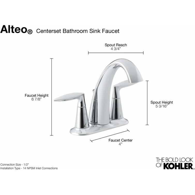 Kohler Alteo® Centerset 4" Bathroom Faucet with Pop-Up Drain Assembly, 2-Handle Bathroom Sink Faucet, 1.2 gpm
