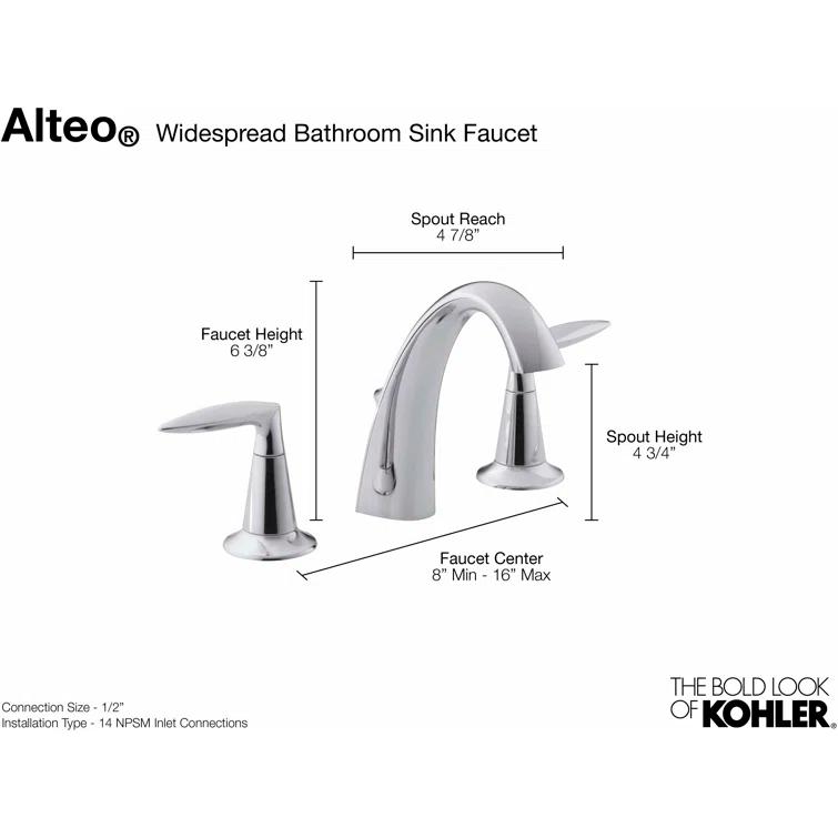 Kohler Alteo Widespread Bathroom Faucet with Pop-Up Drain Assembly, 3-Hole 2-Handle Bathroom Sink Faucet, 1.2 gpm