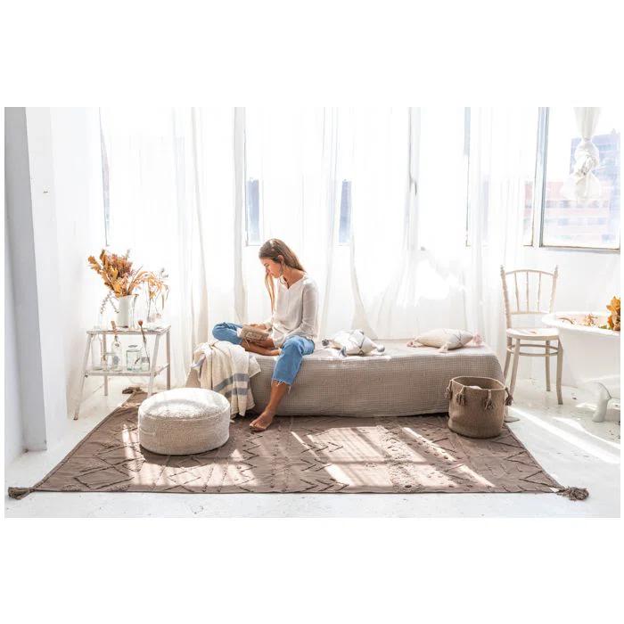 Ivory White Cotton Round Pouf Ottoman