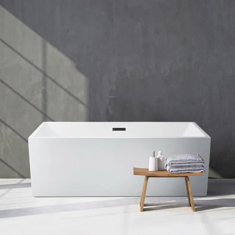 58" Streamline Freestanding Soaking Acrylic Bathtub With Drain and Bamboo Tray