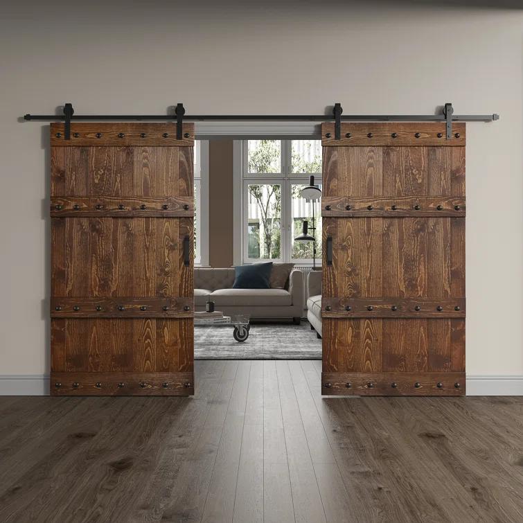 Castle Series Pine Wood Double Sliding Barn Door with Hardware Kit