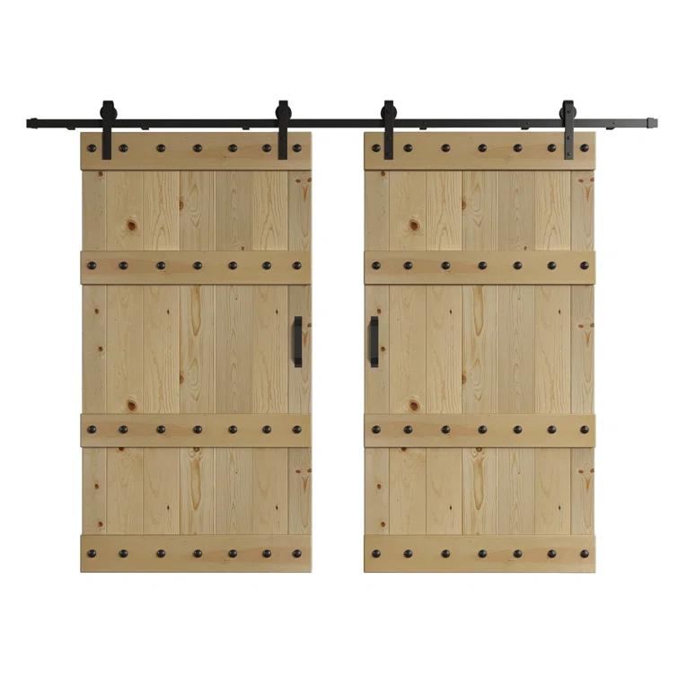 Castle Series Pine Wood Double Sliding Barn Door with Hardware Kit
