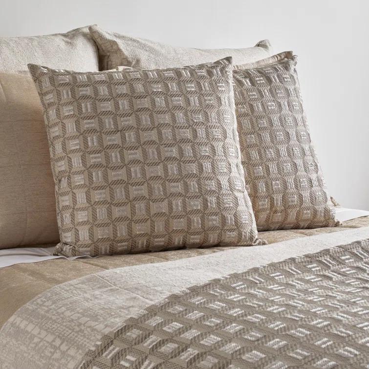 Beige Cotton Embroidered Padded Throw Blanket