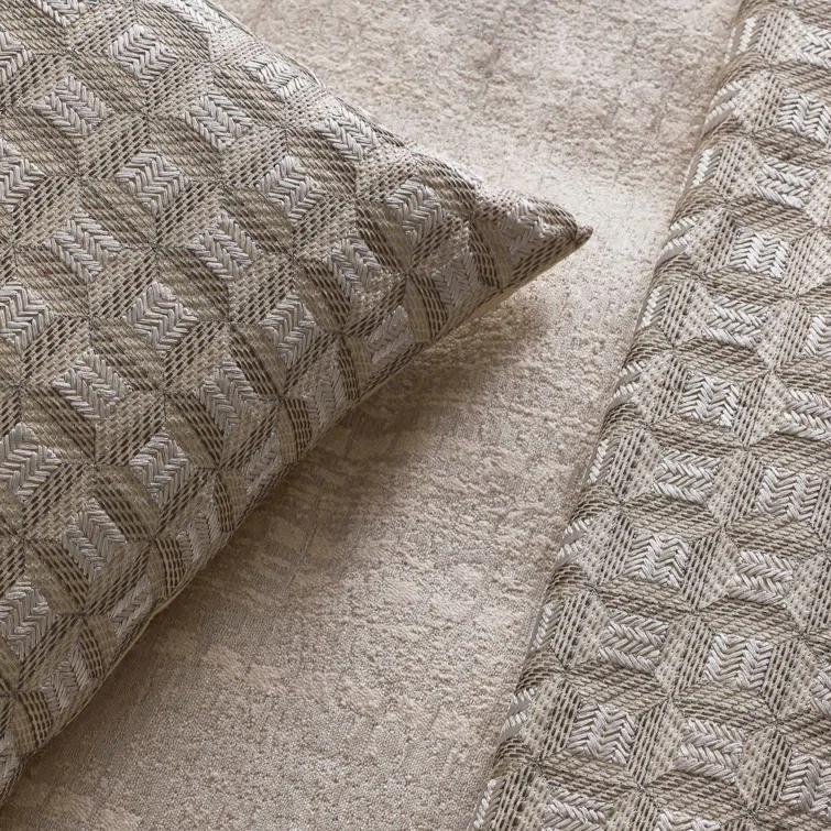 Beige Cotton Embroidered Padded Throw Blanket