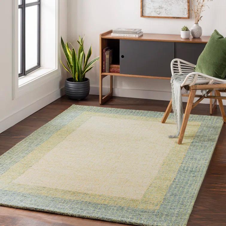 Handmade Tufted Wool Rectangular Area Rug in Green and Beige