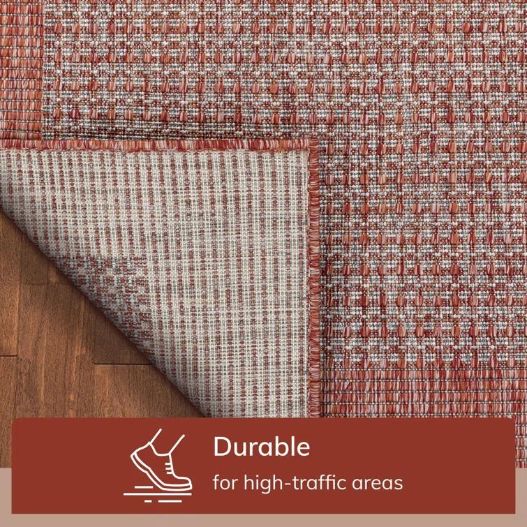 Marshanna Odin Solid Striped Border Indoor Outdoor Coral Flatweave Rug