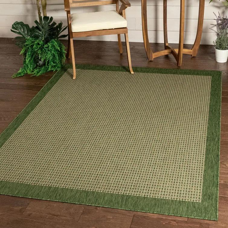 Marshanna Odin Solid Striped Border Indoor Outdoor Green Flatweave Rug