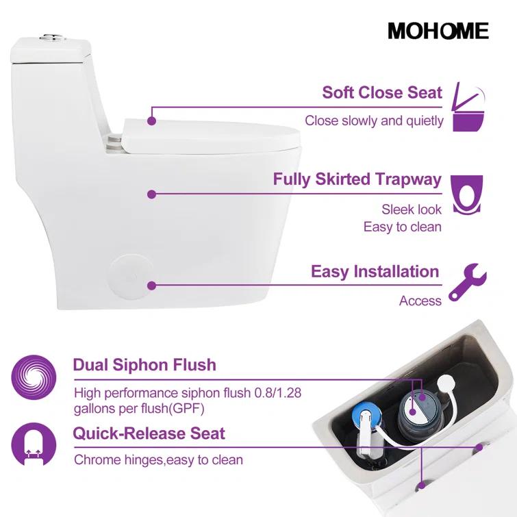 Greta Tornado Powerful Flush One-Piece Toilet, 1.28 GPF Elongated Floor Mounted