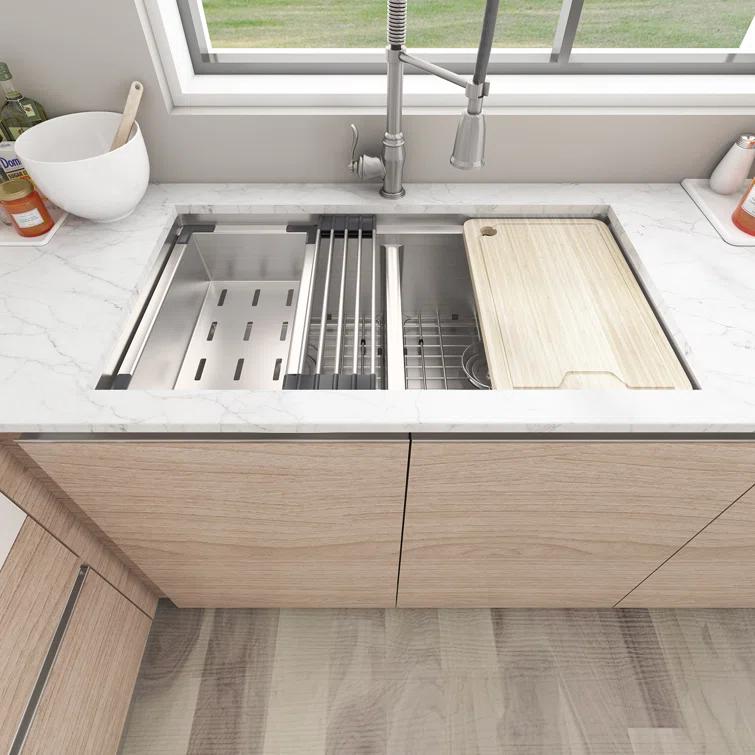 Sinber 33" Undermount Double Bowl Workstation Kitchen Sink with 304 Stainless Steel