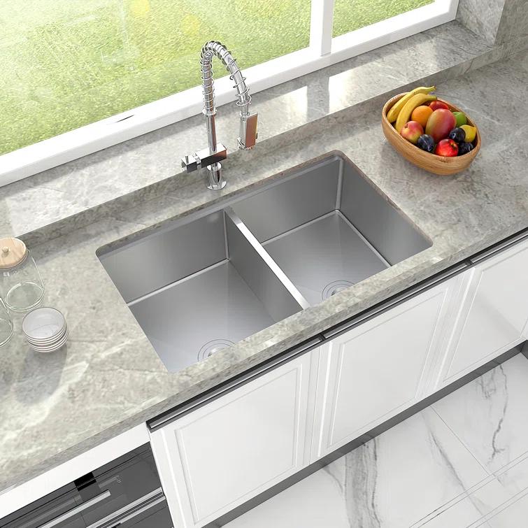 Sinber 33" Undermount Double Bowl Workstation Kitchen Sink with 304 Stainless Steel