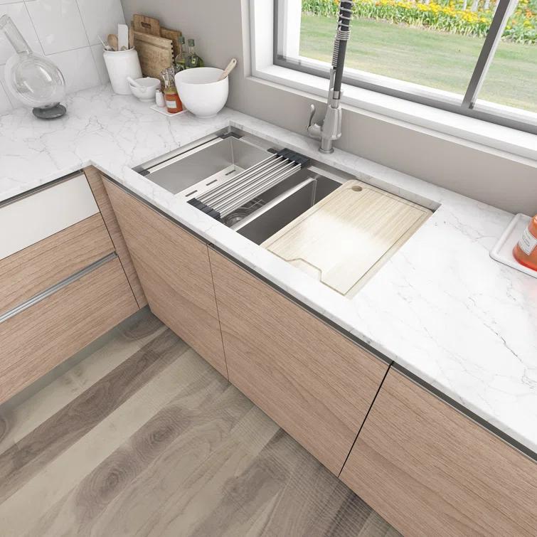 Sinber 33" Undermount Double Bowl Workstation Kitchen Sink with 304 Stainless Steel