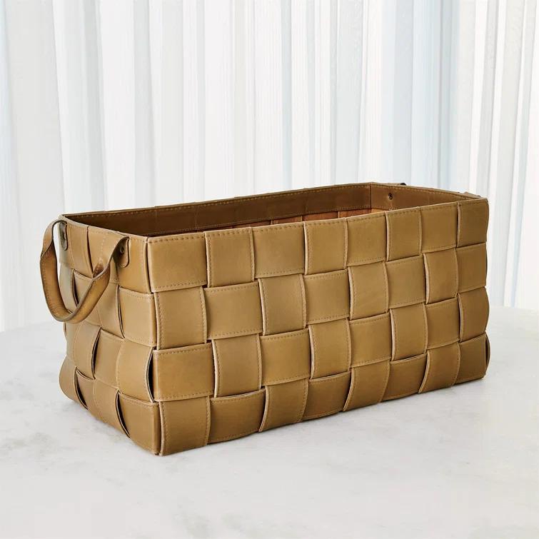 Global Views Soft Woven Leather Basket-Putty