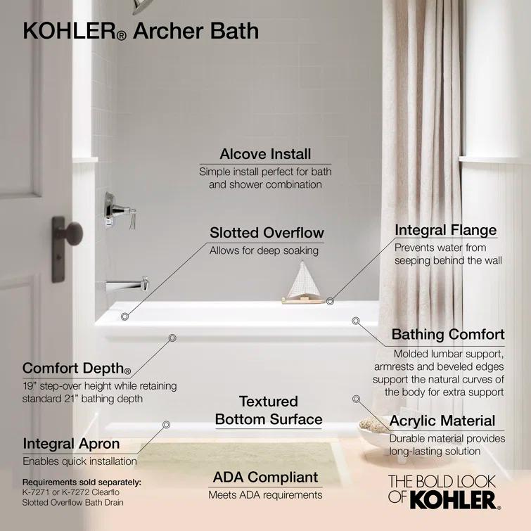 72" x 36" Acrylic Alcove Soaking Bathtub with Comfort Depth