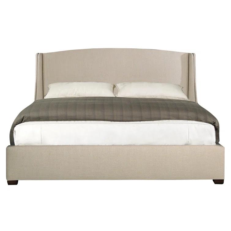 California King Beige Upholstered Wood Frame Bed with Nailhead Trim