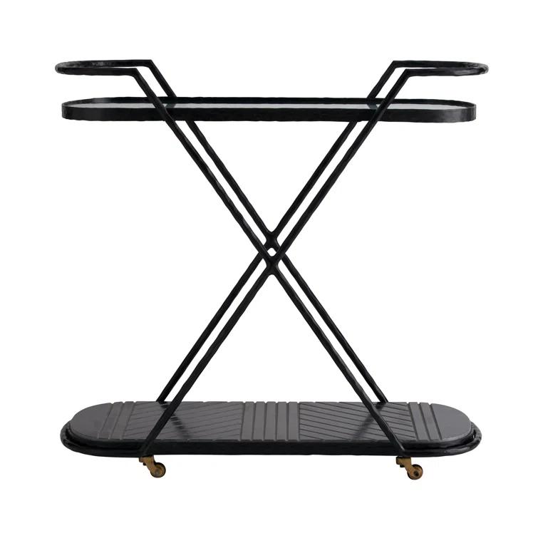 Nakoa Art Deco Blackened Iron and Marble Bar Cart with Glass Top