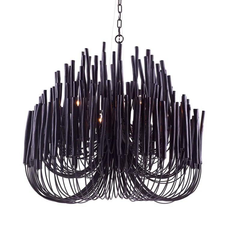 Tilda Rustic Black Wooden Dowel 6-Light Chandelier