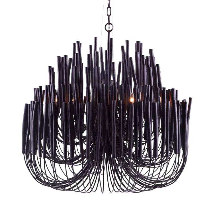 Tilda Rustic Black Wooden Dowel 6-Light Chandelier